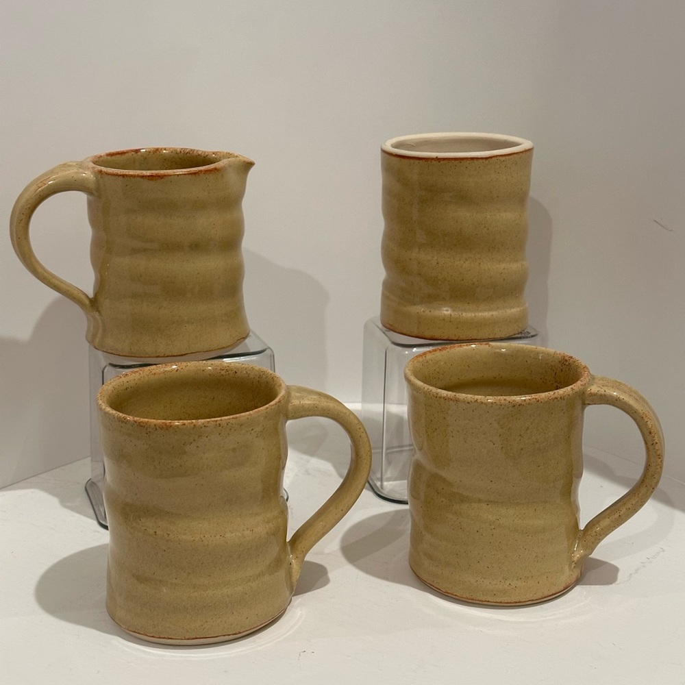 Studio Pottery Set (2) Coffee Mugs, Creamer and Sugar Bowl SIGNED